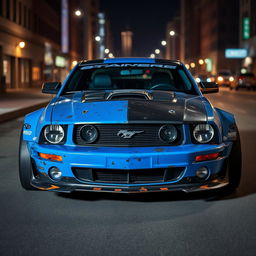 A blue 2006 Ford Mustang rat rod featuring a very aggressive widebody kit, showcasing scratched paint and mismatched body panels in contrasting colors