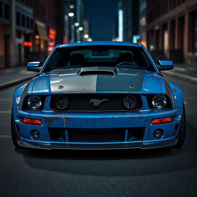 A blue 2006 Ford Mustang rat rod featuring a very aggressive widebody kit, showcasing scratched paint and mismatched body panels in contrasting colors