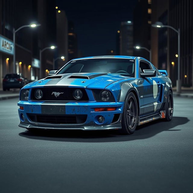 A blue 2006 Ford Mustang rat rod featuring a very aggressive widebody kit, showcasing scratched paint and mismatched body panels in contrasting hues