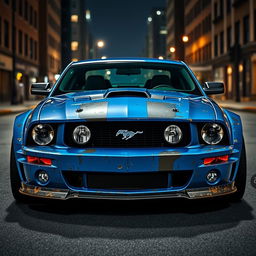 A blue 2006 Ford Mustang rat rod featuring a very aggressive widebody kit, showcasing scratched paint and mismatched body panels in contrasting hues