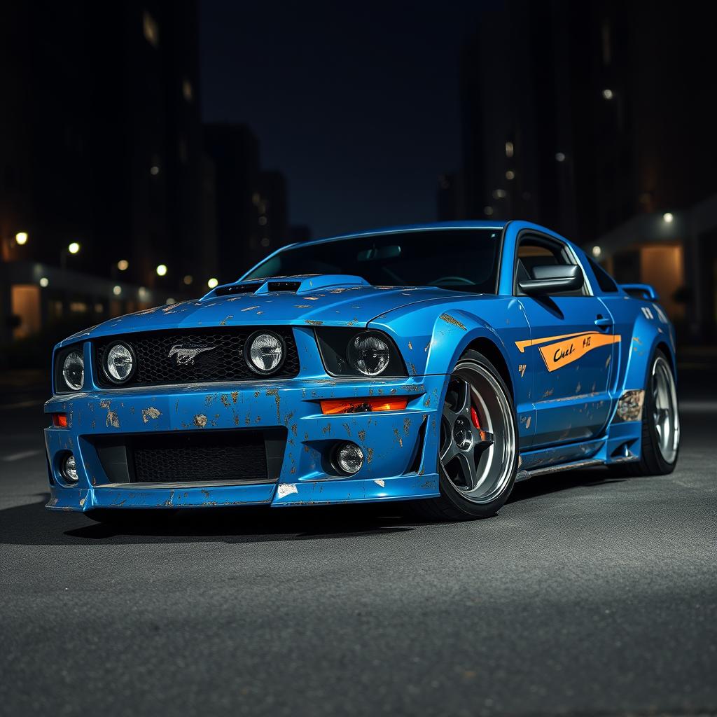 A blue 2006 Ford Mustang rat rod featuring a very aggressive widebody kit, showcasing scratched paint and mismatched body panels in contrasting hues