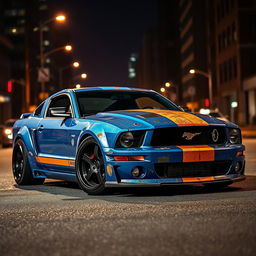 A blue 2006 Ford Mustang rat rod featuring a very aggressive widebody kit, showcasing scratched paint and mismatched body panels in contrasting hues