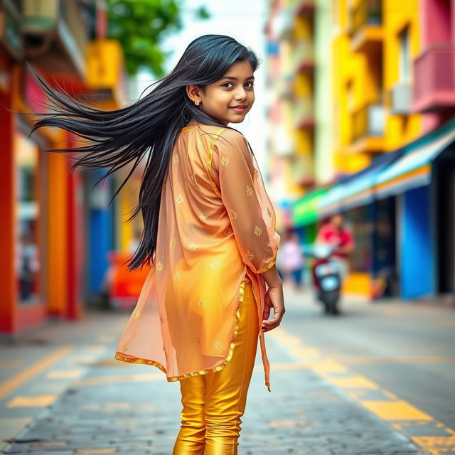 A vibrant portrait of a 15-year-old Indian girl dressed in tight golden leggings and a transparent met kurta, standing with her back to the viewer