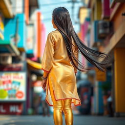 A vibrant portrait of a 15-year-old Indian girl dressed in tight golden leggings and a transparent met kurta, standing with her back to the viewer