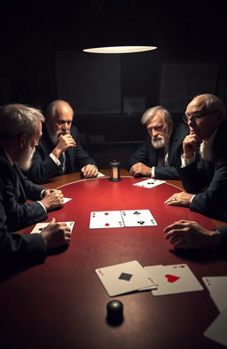 A calm and mysterious scene featuring a poker table with the four aces from a deck of cards (diamonds, hearts, spades, and clubs) prominently displayed