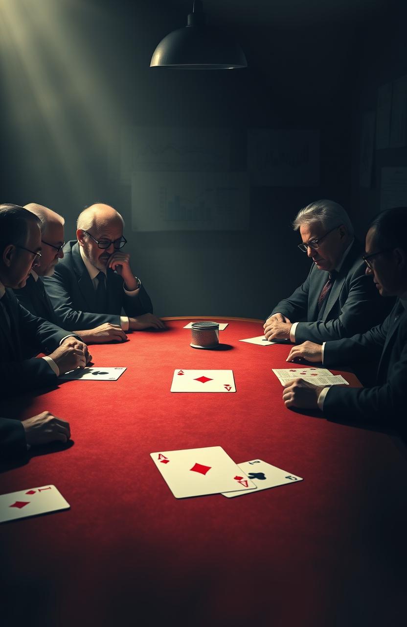 A calm and mysterious scene featuring a poker table with the four aces from a deck of cards (diamonds, hearts, spades, and clubs) prominently displayed