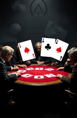 A calm and mysterious scene featuring a poker table with the four aces from a deck of cards (diamonds, hearts, spades, and clubs) prominently displayed