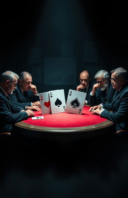 A calm and mysterious scene featuring a poker table with the four aces from a deck of cards (diamonds, hearts, spades, and clubs) prominently displayed