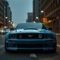 A blue 2006 Ford Mustang rat rod featuring a very aggressive widebody kit, with scratched paint and mismatched body panels that add to its rugged appeal