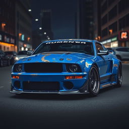 A blue 2006 Ford Mustang rat rod featuring a very aggressive widebody kit, with scratched paint and mismatched body panels that add to its rugged appeal