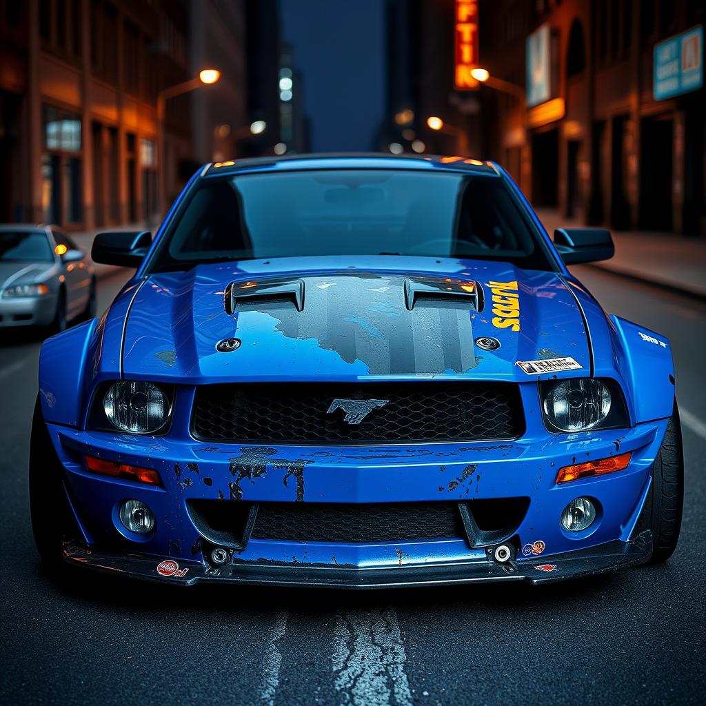 A blue 2006 Ford Mustang rat rod featuring a very aggressive widebody kit, with scratched paint and mismatched body panels that add to its rugged appeal