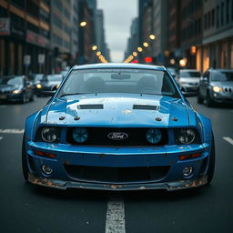 A blue 2006 Ford Mustang rat rod featuring a very aggressive widebody kit, with scratched paint and mismatched body panels that add to its rugged appeal