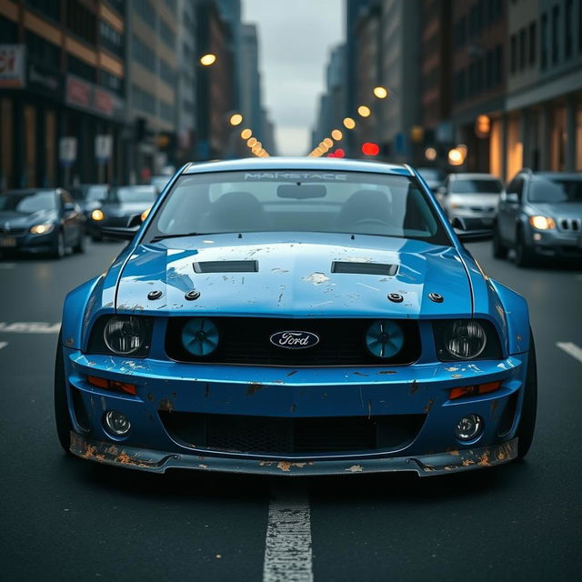 A blue 2006 Ford Mustang rat rod featuring a very aggressive widebody kit, with scratched paint and mismatched body panels that add to its rugged appeal