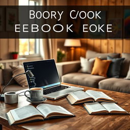 A cozy and inviting eBook cover design featuring a stylish computer placed on a wooden desk in a warm living space