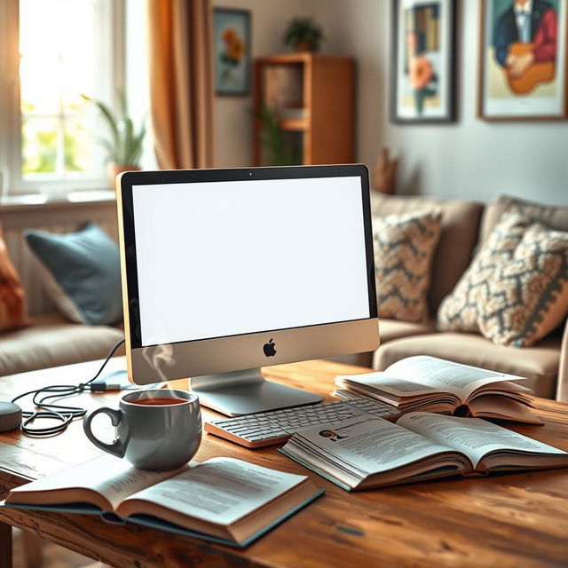 A cozy and inviting eBook cover design featuring a stylish computer placed on a wooden desk in a warm living space