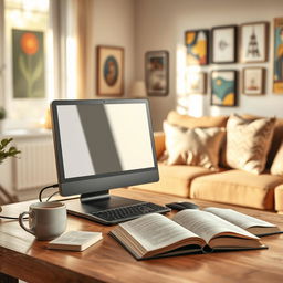 A cozy and inviting eBook cover design featuring a stylish computer placed on a wooden desk in a warm living space