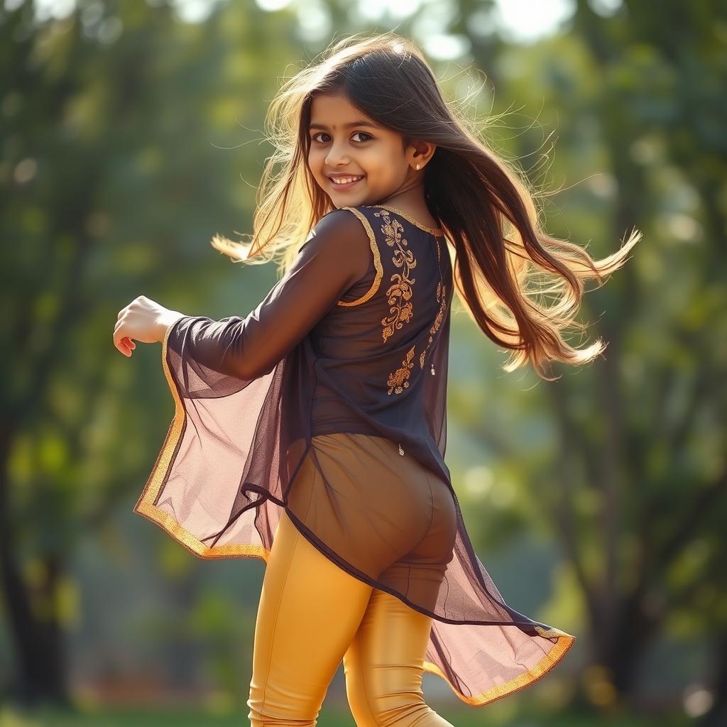 A dynamic image of a 15-year-old Indian girl wearing tight golden leggings and a transparent met kurta, captured mid-movement as she lifts her kurta slightly from the back, revealing her playful and carefree spirit