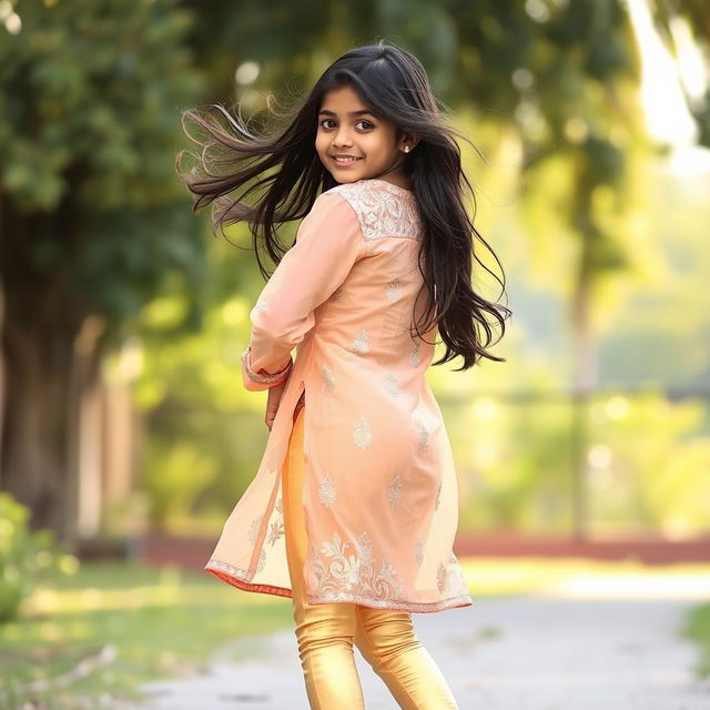 A dynamic image of a 15-year-old Indian girl wearing tight golden leggings and a transparent met kurta, captured mid-movement as she lifts her kurta slightly from the back, revealing her playful and carefree spirit