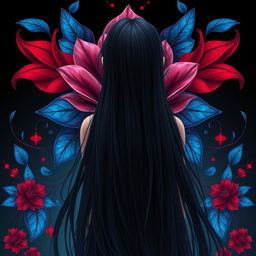 A mesmerizing fantasy scene featuring a girl with long, flowing black hair viewed from behind