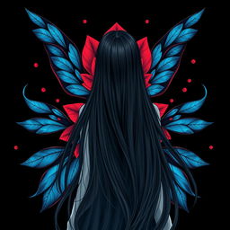 A mesmerizing fantasy scene featuring a girl with long, flowing black hair viewed from behind