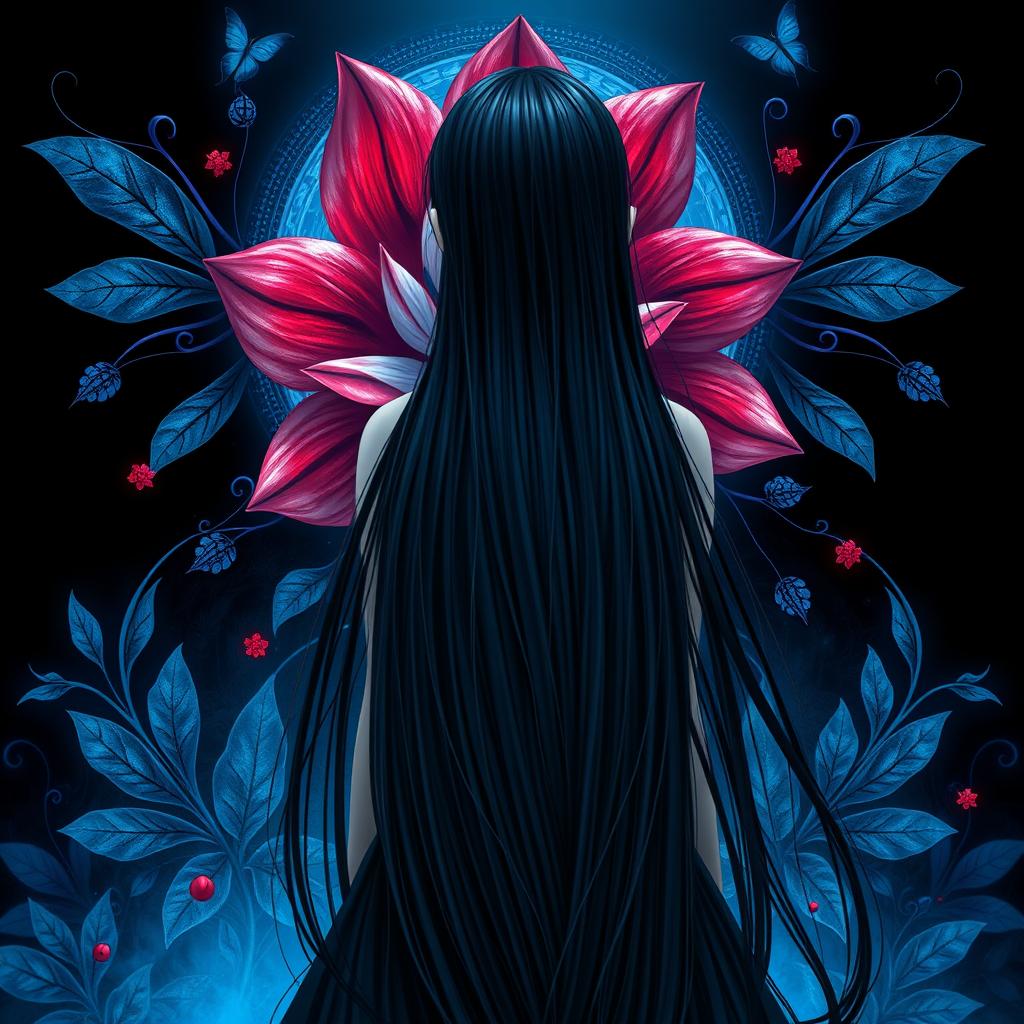 A mesmerizing fantasy scene featuring a girl with long, flowing black hair viewed from behind