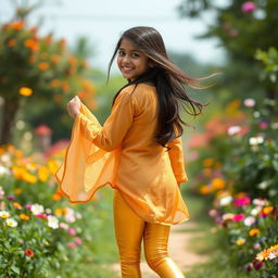 A lively image of a 15-year-old Indian girl wearing tight golden leggings and a transparent met kurta, captured mid-movement as she lifts her kurta slightly from the back