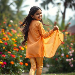 A lively image of a 15-year-old Indian girl wearing tight golden leggings and a transparent met kurta, captured mid-movement as she lifts her kurta slightly from the back