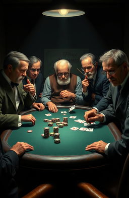 A calm and mysterious atmosphere featuring a poker table surrounded by legendary management gurus including Henri Fayol, Frederick Taylor, Peter Drucker, Henry Mintzberg, Peter Senge, and Michael Porter, all passionately engaged in a game of poker