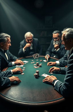 A calm and mysterious atmosphere featuring a poker table surrounded by legendary management gurus including Henri Fayol, Frederick Taylor, Peter Drucker, Henry Mintzberg, Peter Senge, and Michael Porter, all passionately engaged in a game of poker
