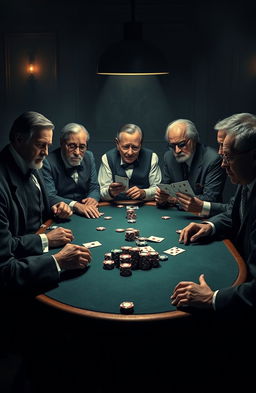 A calm and mysterious atmosphere featuring a poker table surrounded by legendary management gurus including Henri Fayol, Frederick Taylor, Peter Drucker, Henry Mintzberg, Peter Senge, and Michael Porter, all passionately engaged in a game of poker