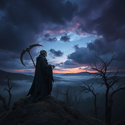 An artistic interpretation of the concept of death, depicted through a surreal landscape at twilight