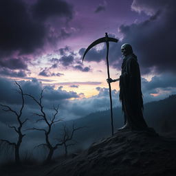 An artistic interpretation of the concept of death, depicted through a surreal landscape at twilight