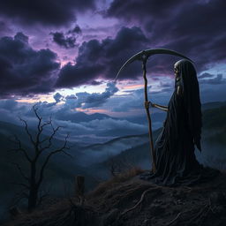 An artistic interpretation of the concept of death, depicted through a surreal landscape at twilight