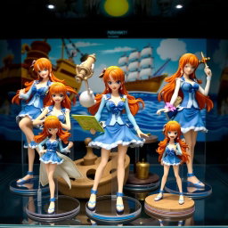 A detailed collection of Nami figures from One Piece, showcasing various poses and outfits including her signature orange hair, beautiful blue and white clothing, and a dynamic expression