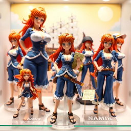 A detailed collection of Nami figures from One Piece, showcasing various poses and outfits including her signature orange hair, beautiful blue and white clothing, and a dynamic expression