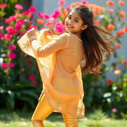 A lively image of a 16-year-old Indian girl wearing tight golden leggings and a transparent net kurta