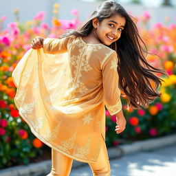 A lively image of a 16-year-old Indian girl wearing tight golden leggings and a transparent net kurta