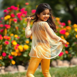A lively image of a 16-year-old Indian girl wearing tight golden leggings and a transparent net kurta