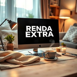 An eye-catching eBook cover design featuring a close-up view of a sleek computer with the words 'RENDA EXTRA' prominently displayed on the screen