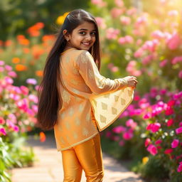 A vibrant image of a 16-year-old Indian girl wearing tight golden leggings and a transparent net kurta, caught in a joyful moment as she lifts her kurta slightly from the back