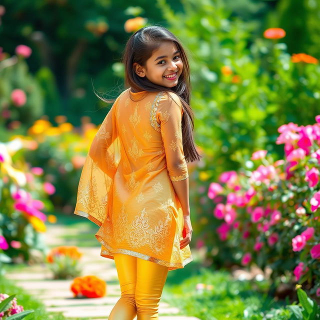 A vibrant image of a 16-year-old Indian girl wearing tight golden leggings and a transparent net kurta, caught in a joyful moment as she lifts her kurta slightly from the back