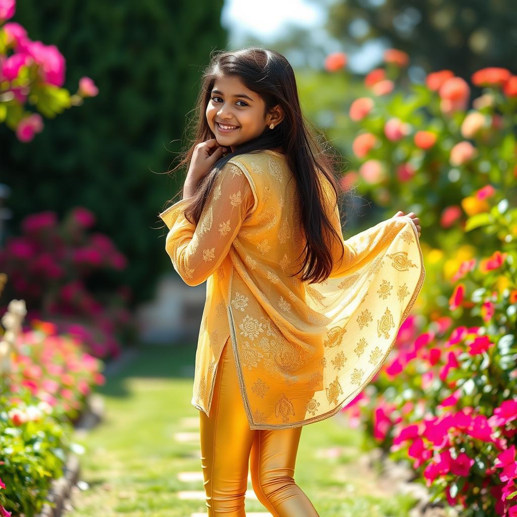 A vibrant image of a 16-year-old Indian girl wearing tight golden leggings and a transparent net kurta, caught in a joyful moment as she lifts her kurta slightly from the back