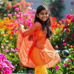 A vibrant image of a 16-year-old Indian girl wearing tight golden leggings and a transparent net kurta, caught in a joyful moment as she lifts her kurta slightly from the back