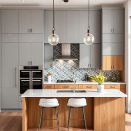 A contemporary kitchen featuring a dynamic arrangement of furniture, with high cabinets in a sleek grey finish and lower cabinets in rich oak wood