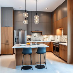 A contemporary kitchen featuring a dynamic arrangement of furniture, with high cabinets in a sleek grey finish and lower cabinets in rich oak wood