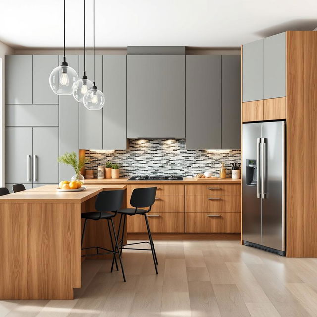 A contemporary kitchen featuring a dynamic arrangement of furniture, with high cabinets in a sleek grey finish and lower cabinets in rich oak wood