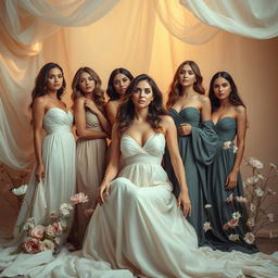 A tasteful and artistic depiction of a group of beautiful women in an elegant, flowing environment, showcasing their natural beauty and grace