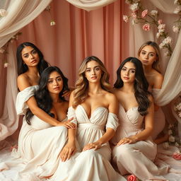 A tasteful and artistic depiction of a group of beautiful women in an elegant, flowing environment, showcasing their natural beauty and grace