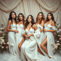 A tasteful and artistic depiction of a group of beautiful women in an elegant, flowing environment, showcasing their natural beauty and grace
