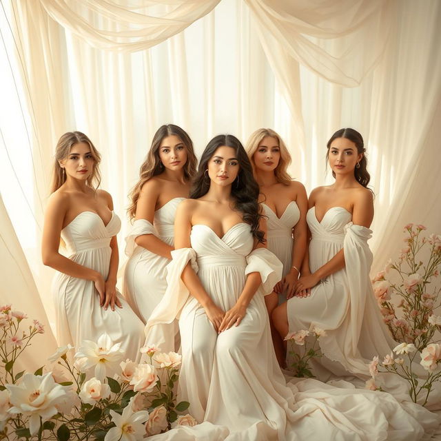 A tasteful and artistic depiction of a group of beautiful women in an elegant, flowing environment, showcasing their natural beauty and grace